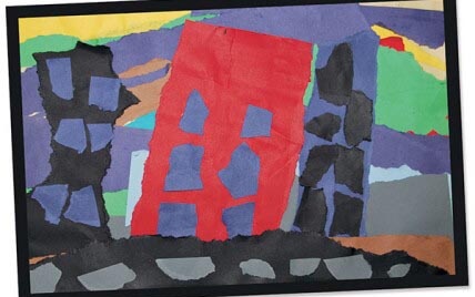 Colorful abstract collage featuring geometric shapes and vibrant colors.