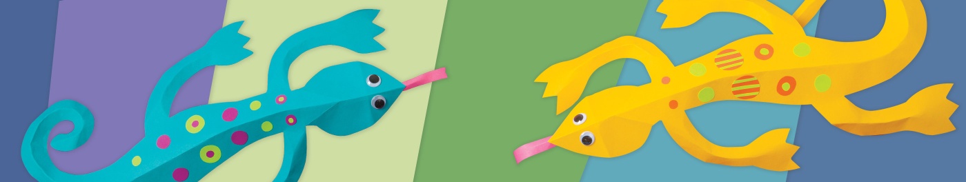 Colorful paper lizards in blue and yellow with playful designs.