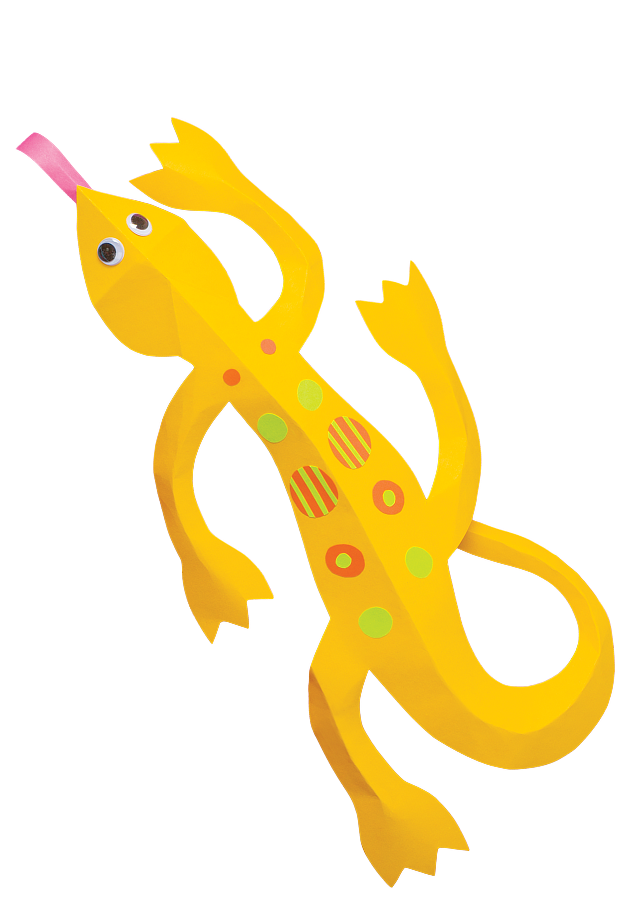 Colorful paper lizard craft with googly eyes and decorative patterns